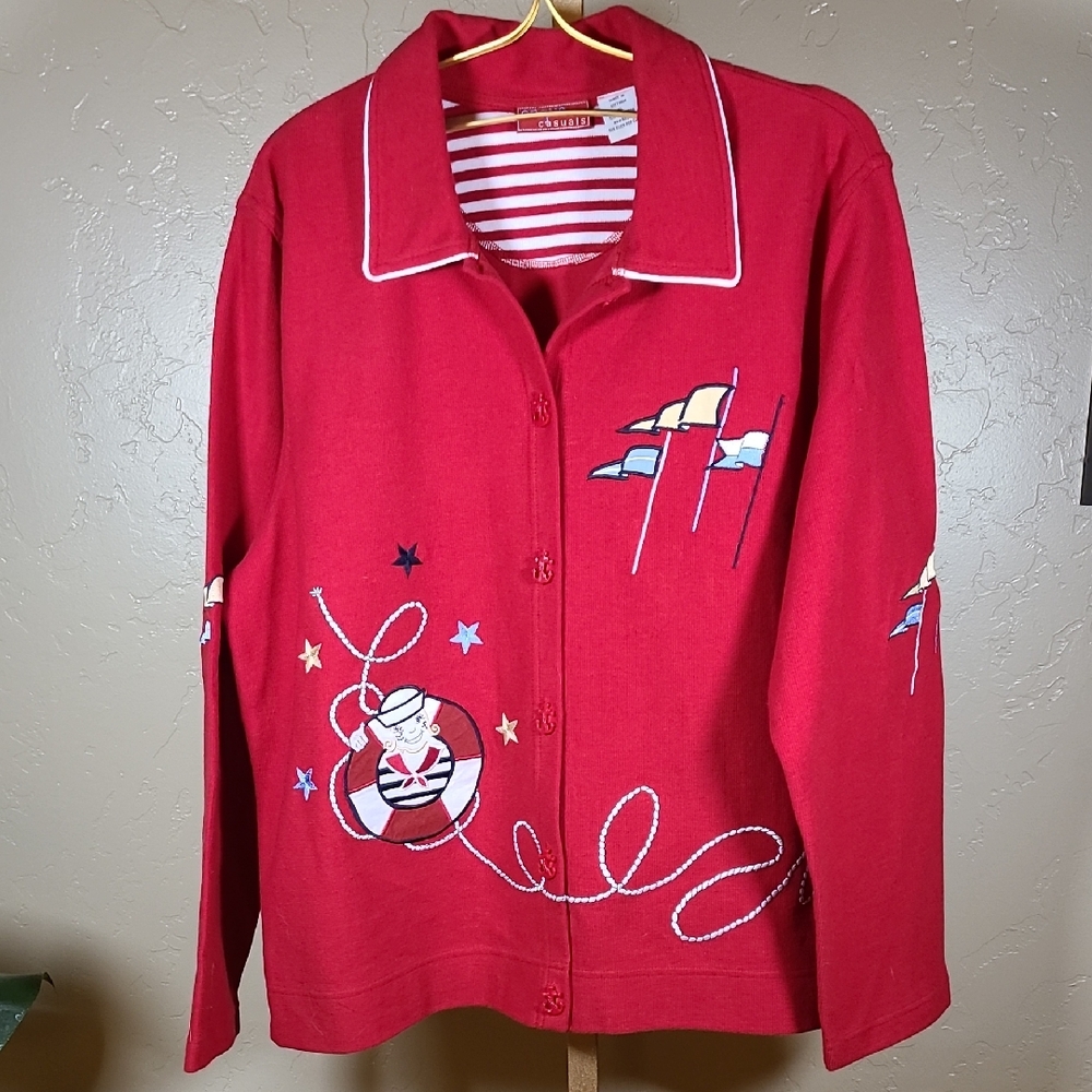 Onque Casuals Vintage Red White Blue‎ Anchor Button Up Cardigan 100% Cotton